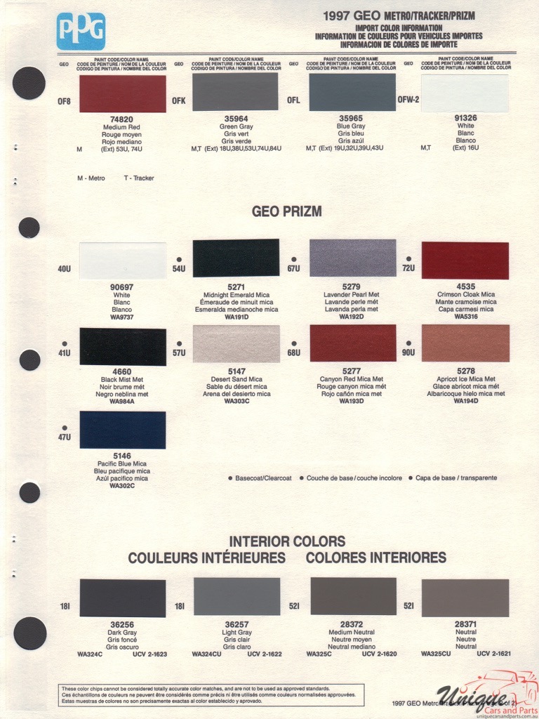 1997 GM GEO Paint Charts PPG 3